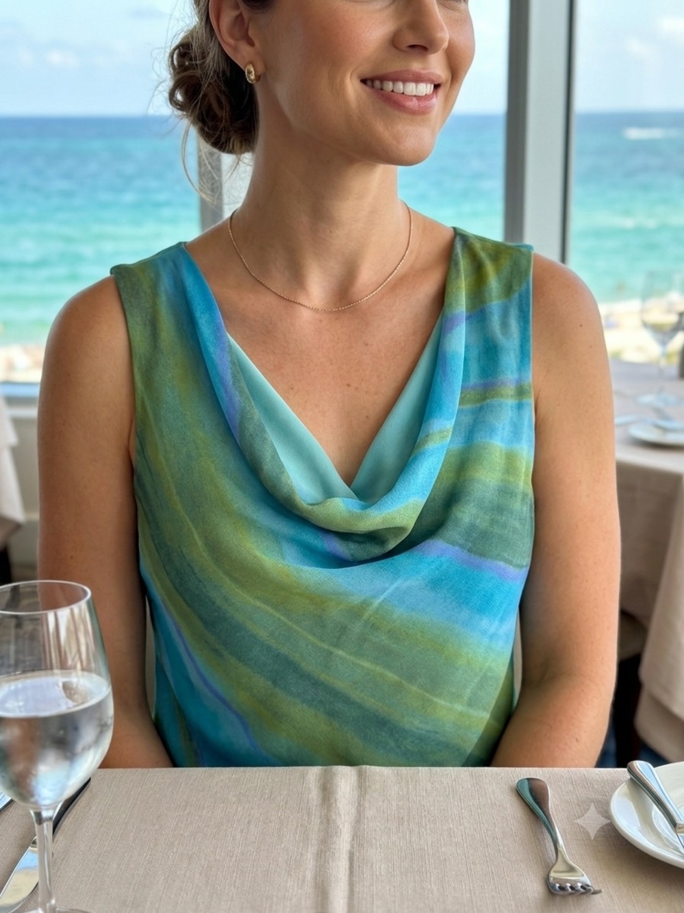 Mirasol Bright Blue Sleeveless Cowl Neck Top SZ L, elegant, cena, cóctel - Picture 1 of 12